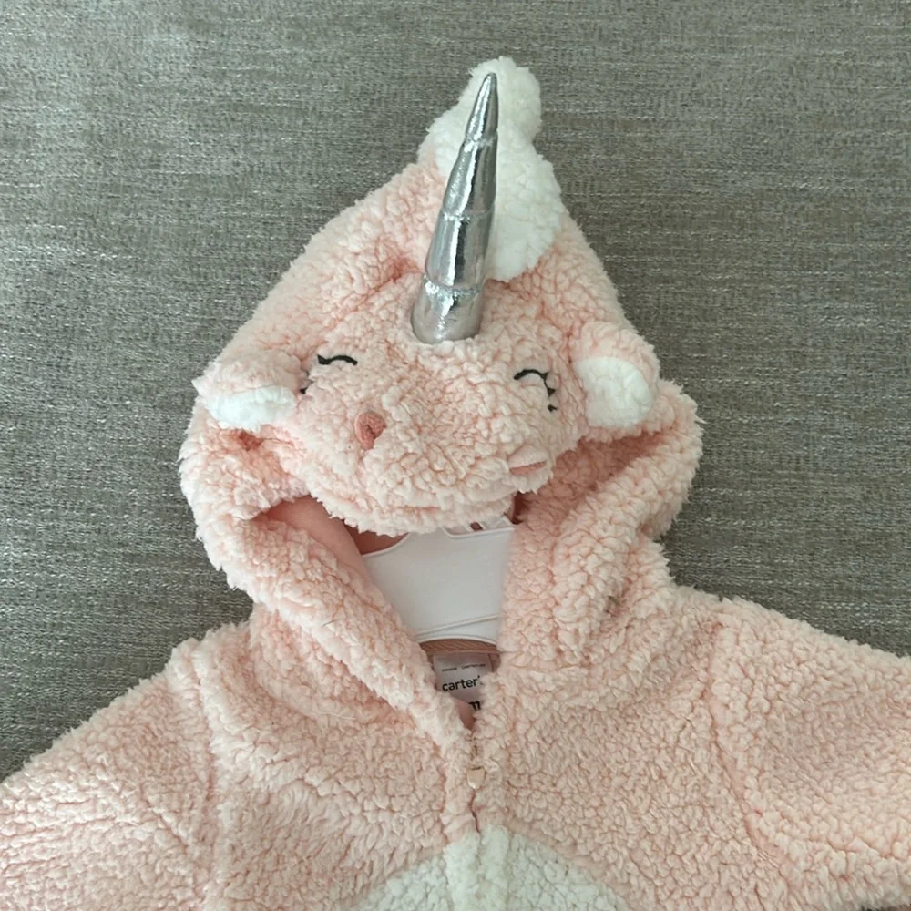Carters hooded fleece Pink/white unicorn 1 piece outfit/costume. Size 9 mo. NWT - Picture 5 of 12